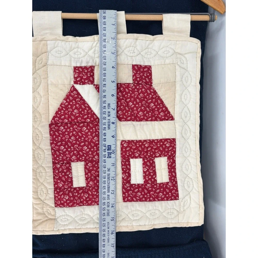 Vintage Handmade Quilted Wall Hanging Red Cream Schoolhouse Cottage Farmhouse